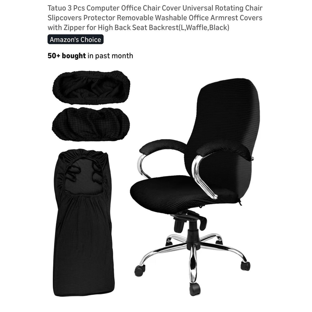 Tatuo 3 Pcs Computer Office Chair Cover Set - Black Waffle Texture, Size L